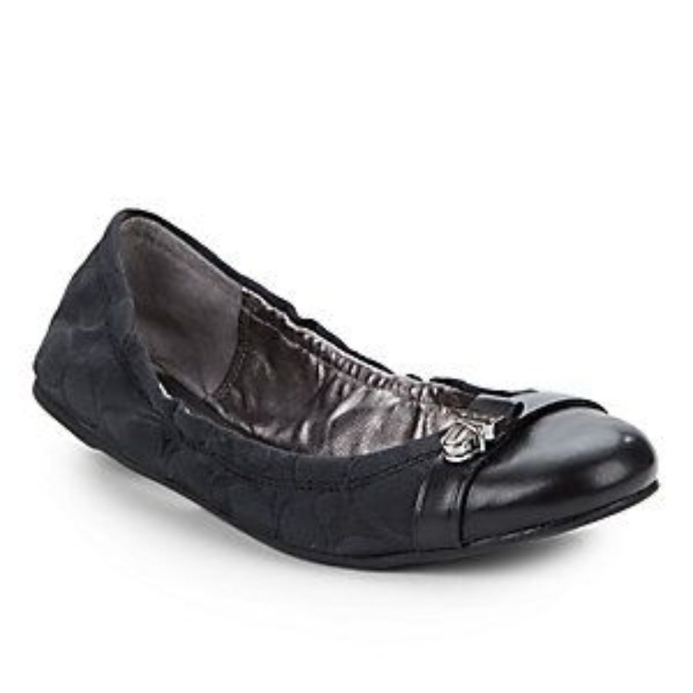 Coach Delphine Buckle Leather Jacquard Black Signature Casual Cup Toe Flat Shoes